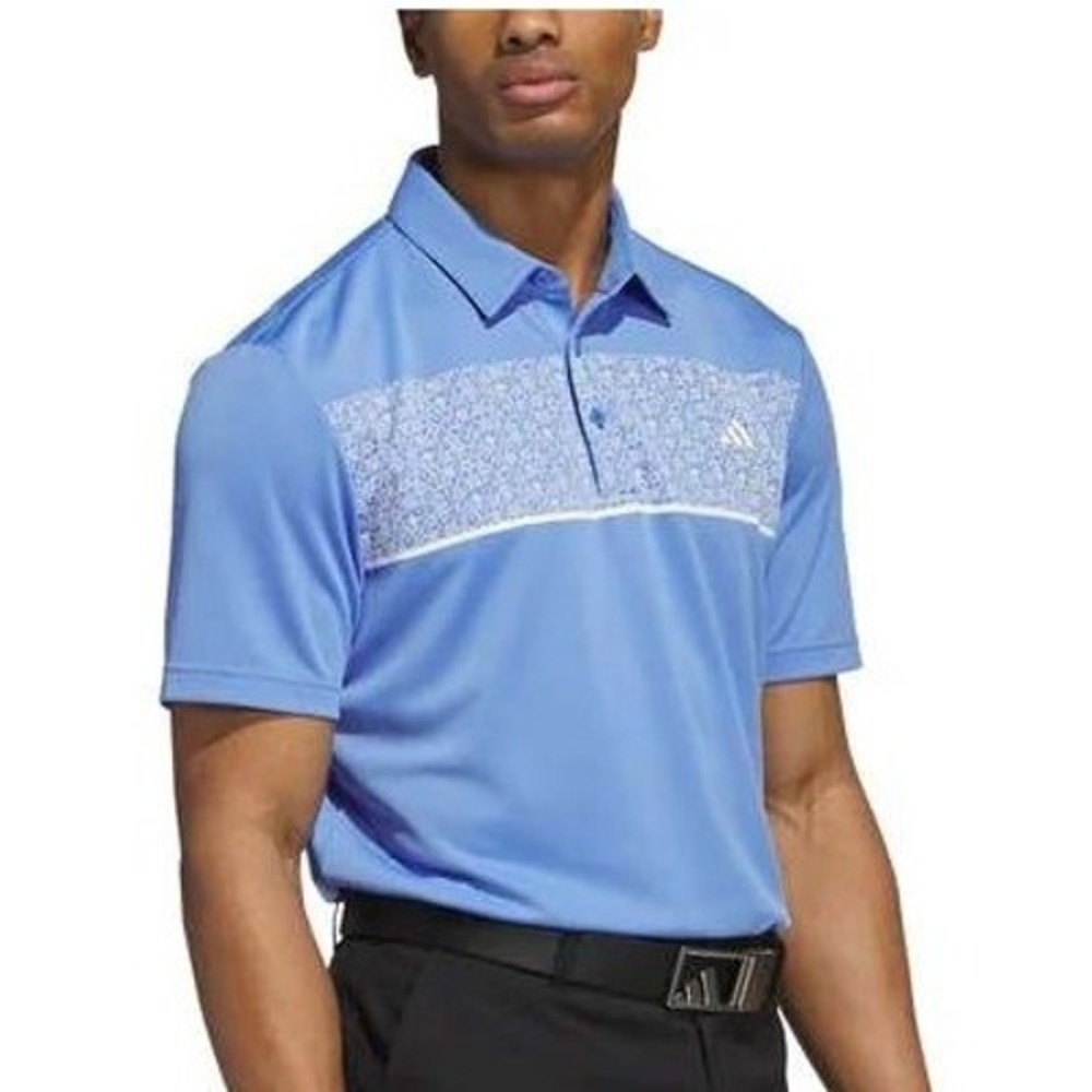 ADIDAS Chest Print Golf Polo Shirt Mens Medium Blue White Flowers Floral Top NWT